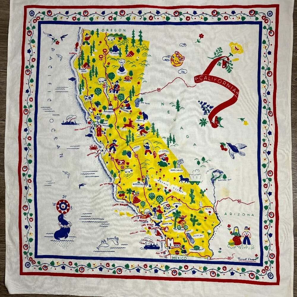 Vintage California 1940s Map Artist Margaret Newport  32.5" x 36" Tablecloth
